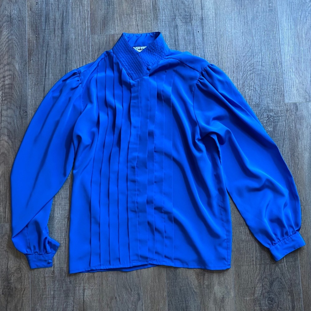 Objectives Womens Vintage Royal Blue Pleated Mock Neck Bishop Sleeve Blouse 14
